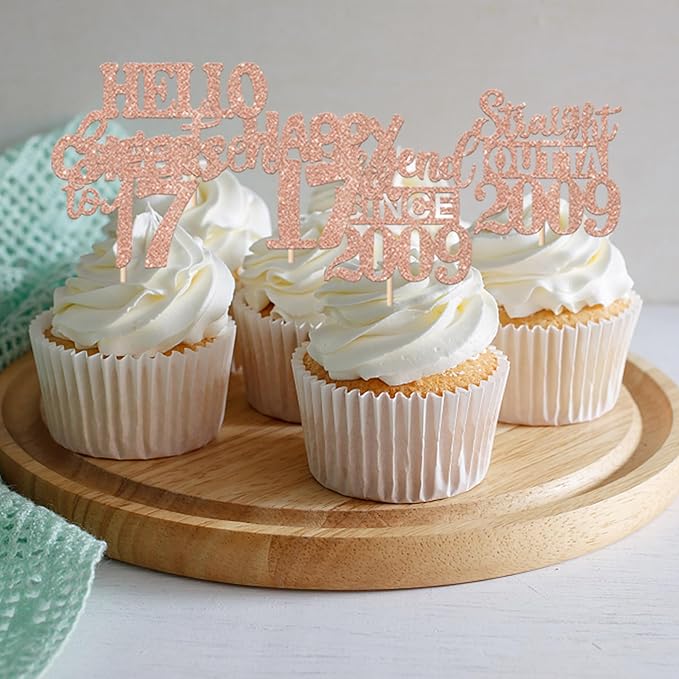 30PCS Rose Gold 17th Birthday Cupcake Toppers Glitter Seventeen Happy 17th Straight Outta 2009 Cupcake Picks for Cheers to 17 Years Birthday Anniversary Party Cake Decorations Supplies