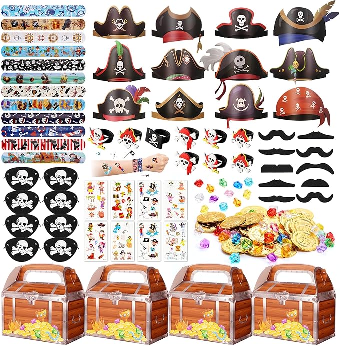 Vanblue 144Pcs Pirate Party Favors Birthday Party Decorations Supplies Pirate Eye Patch Mustache Goodie Bags Stuffers Pinata Filler Classroom Prizes Treasure Boxes for Kids Boys