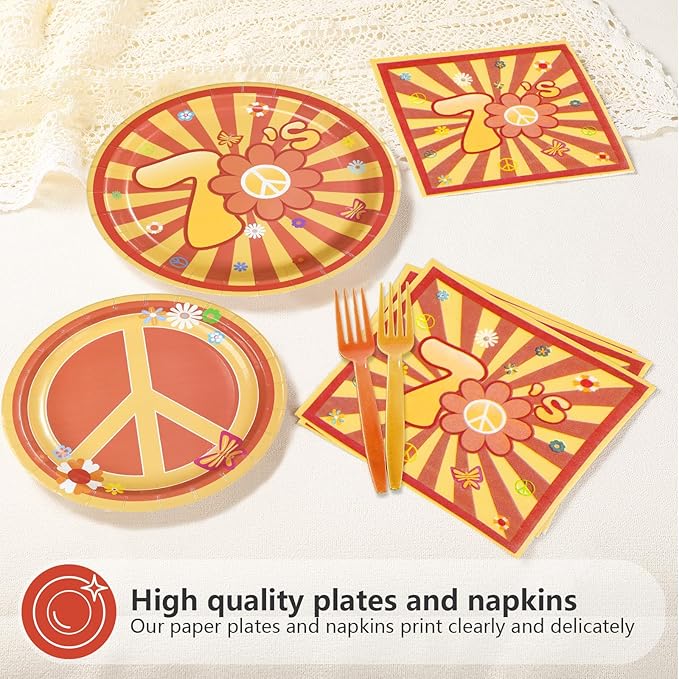 96Pcs 70s Party Decorations Hippie Daisy Flower Plates and Napkins Hippie Peace Symbol Tableware for Baby Girl Theme Groovy Yellow Birthday 70s Retro Baby Shower Party Supplies Serves 24