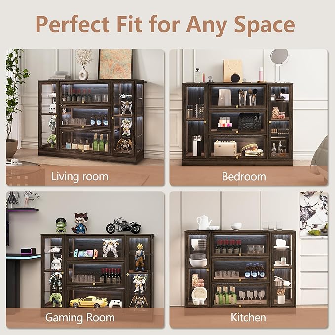 Display Cabinet with Acrylic Glass Doors,Extra Wide Curio Cabinet with LED Lighting for Collectibles, Collectibles Toy Organizers Rack & Display Shelf Display Case, Walnut