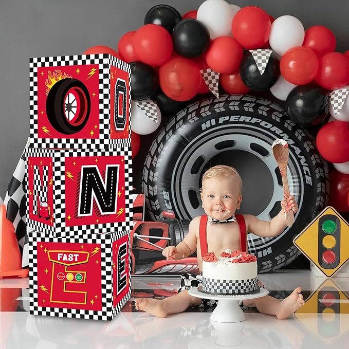 TONIFUL Race Car 1st Birthday Party Supplies Red Yellow Black Balloon Box with Letters，Fast One Theme One Year Old Birthday Party Favors for Kids Baby Shower First Birthday Decoration