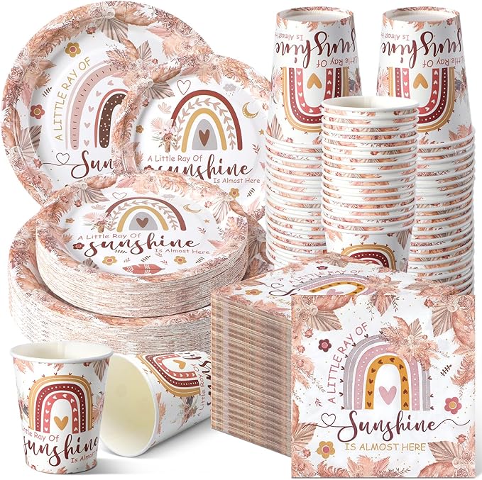 Hsei 250 Pcs Boho Plates and Napkins Party Decorations Disposable Tableware Sets Baby Shower Birthday Party Supplies Serves 50 Guests Dinnerware Bridal Baby Shower Favors
