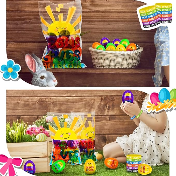 108 Pcs Easter Religious Party Favor Easter Eggs Fillers Christian Goody Bags Jesus Loves You Wristbands Party Supplies for Gift Church (Jesus Lives)