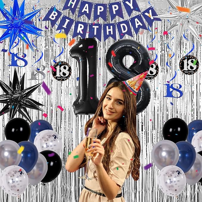 18th Birthday Decorations for Boys Men Girls Dark Blue, HAPPY BIRTHDAY Banner Black Number 18 Balloons Tablecloth Foil Backdrop Star Balloons Garland Arch Kit-18 Years Old Birthday Party Supplies
