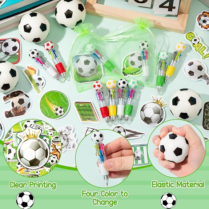 CY2SIDE 12 Pack Soccer Squeeze Toy Party Favor Gift Set with Ballpoint Pen Sticker and Organza Bag 2.5’’ Soccer Foam Stress Ball Classroom Prize for Kid Sport Lover Birthday Goodies Bag Stuffer