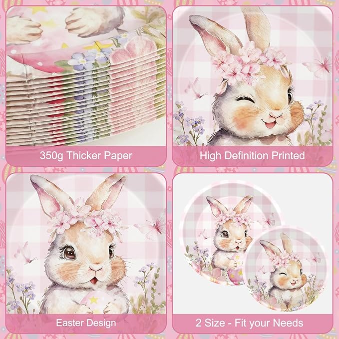 24 Pcs Easter Plates - Spring Flowers Buffalo Plaid Easters Rabbit Paper Plate, Pink Cute Bunny Dinner Dessert Plates Disposable Round Tableware Set for Happy Easter Table Decorations Party Supplies