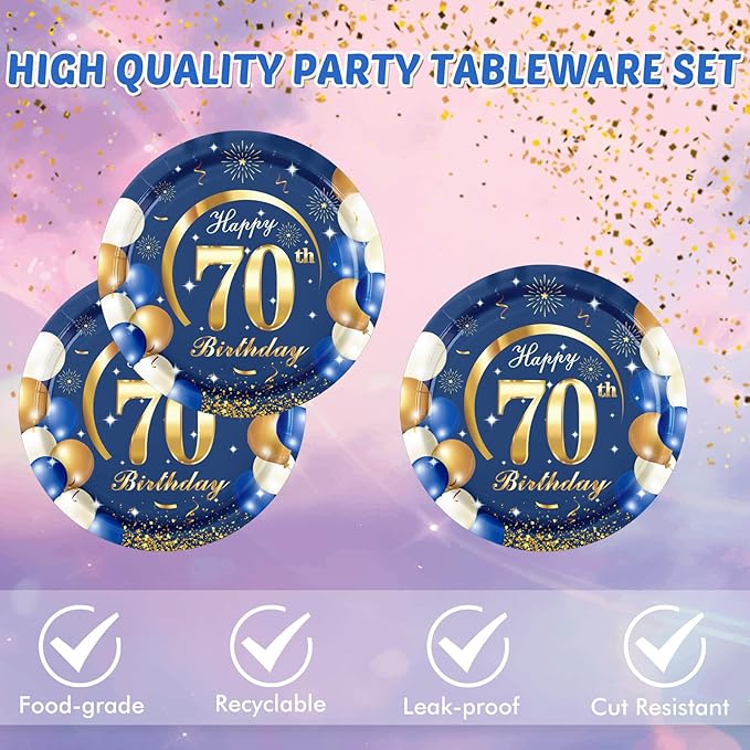 40PCS 70 th Birthday Decorations For Men Navy Blue and Gold Happy Birthday Party Decorations Include Plates Napkins for 70th Birthday Anniversary Party Supplies Decor
