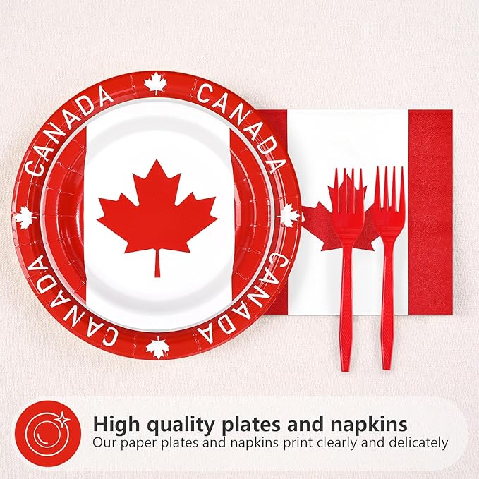 96Pcs Canadian Flag Party Supplies Canada Day Plates and Napkins Tableware Sets Red and White Canada Birthday Decorations for Canadian Theme Family Gathering Party Favors Decor Serves 24