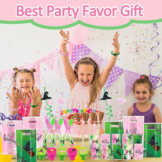 Pink and Green Party Favor Decorations 70Pcs Bubbles Notebooks Stamps Broom Pencils Plastic Straws Goodie Bags Wristbands for Birthday Theme Decor Gift Supplies