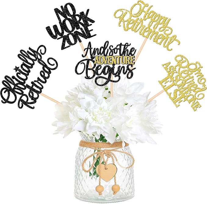 15 PCS Happy Retirement Centerpiece Sticks Officially Retired Table Flower Centerpieces Sticks No Work Zone Adventure Begins Floral Decorations for Retirement Birthday Party Centerpieces Black Gold