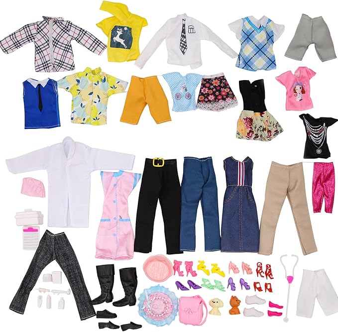 71Pcs Doll Clothes & Accessories for 12 Inch Boy & Girl Dolls - Pet Care Set Includes 25 Wear Clothes, Shirts, Jeans, Suits, Shoes, Pet Doctor Playset, Trolley, Backpack