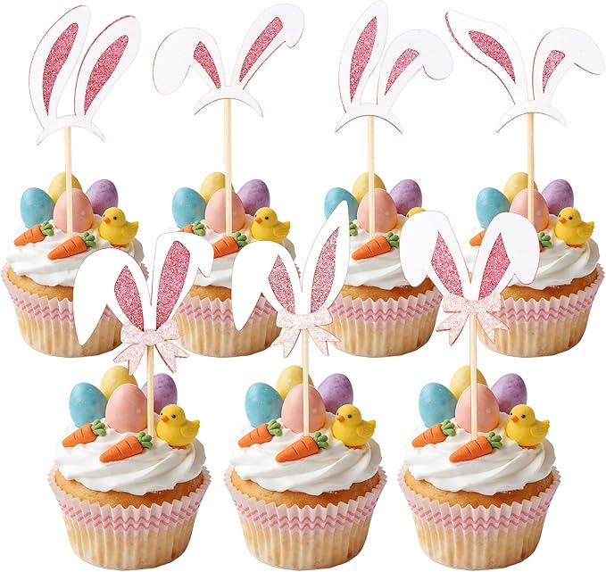 Easter Cupcake Toppers, 24 Pcs Easter Bunny Ear Cupcake Toppers, Glitter Pink Rabbit Ears Cupcake Picks Topper Easter Bunny Rabbit Cake Decorations for Easter Girls Birthday Party Decorations Supplies