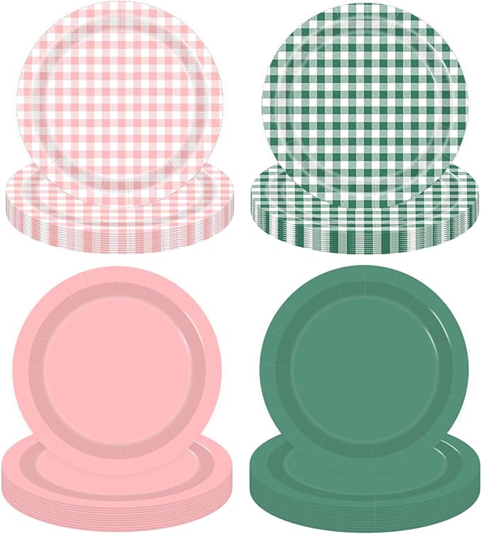 48PCS Gingham Paper Plates, 7 Inch Pink Green Plaid Plates Disposable Dessert Plates Party Supplies for Picnic Wedding Baby Shower Birthday Party Deorations Table Decor