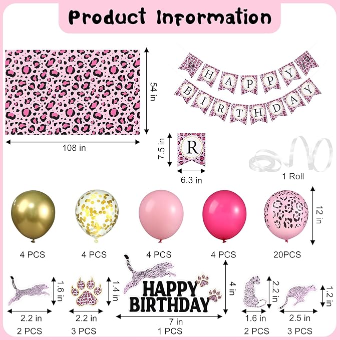 Civaner 51 Pieces Pink Cheetah Birthday Decorations Including Cheetah Birthday Banner Theme Balloons Leopard Cake Topper Safari Animal Print Tablecloth and Ribbon for Baby Shower Party Supplies