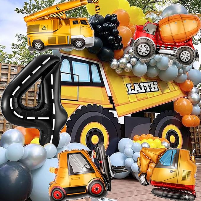Construction Birthday Decorations 4 Year Old, Large Construction Balloons 40Inch Racetrack Black Number 4 Balloons Construction Truck Foil Balloons for Boys 4th Construction Birthday Party Supplies