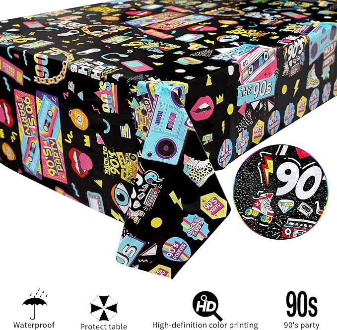 3 Pack 90’s Party Tablecloth, Back to 90s Hip Hop Party Birthday Table Cover for 1990s Theme Party Decorations Supplies