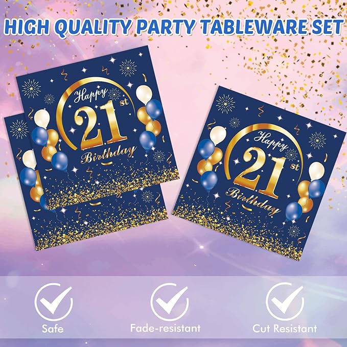 21st Birthday Party Supplies 21st Navy Blue and Gold Party Decor Includes Plates Napkins 21 Years Old Birthday Decoration Supplies for Boys Girls Men Women