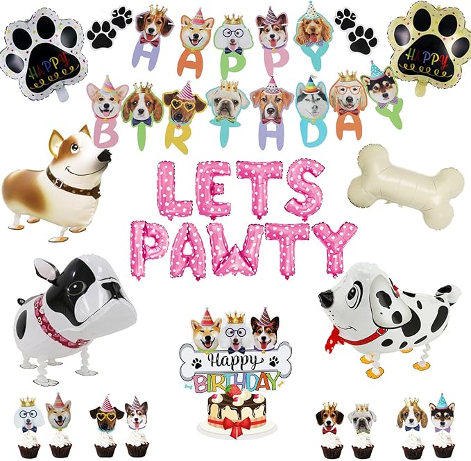 Lets Pawty Dog Birthday Party Decorations Girl Boy, Pawty Puppy Themed Happy Birthday Banner, Dog & Paw Print Balloons, Cake Toppers (Red)