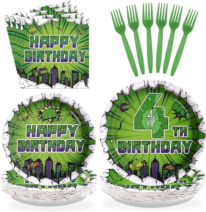 96Pcs Green Hero 4th Birthday Party Supplies Super Green Hero 4th Birthday Plates and Napkins Cityscape Super Bang Cartoon Movie Tableware Set for Kid 4 Year Old Party Supplies，Serves 24