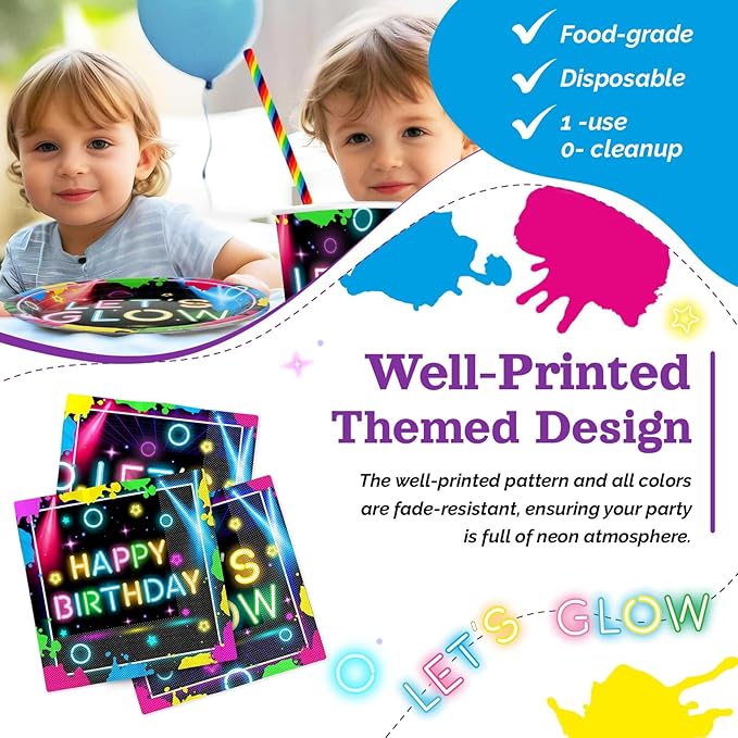 Glow Neon Birthday Party Supplies, 120Pcs Let's Glow Birthday Party Decorations Disposable and Radiant Tableware Includes Plates, Napkins, Cups and Straws | Serves 24