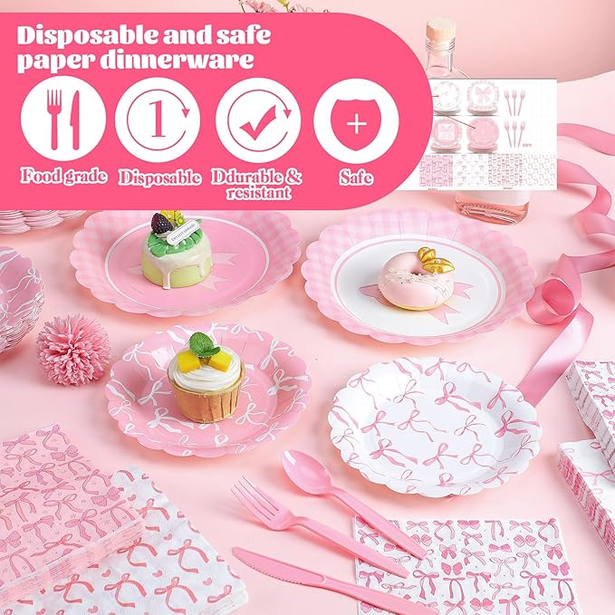 350 Pcs Pink Bow Birthday Party Supplies Include Bow Plates Napkins Disposable Tableware Set Coquette Birthday Decorations for Girls Wedding Bridal Baby Shower Serve 50 Guest