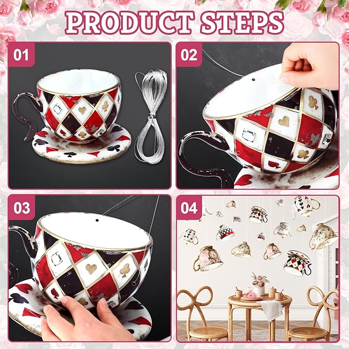 Wonderland Tea Party Decoration Teacup Hanging Banners Wonderland Teapot Themed Garland banner spring Backdrop Photo Props for Indoor Outdoor Garden Birthday Baby Shower Party Supplies