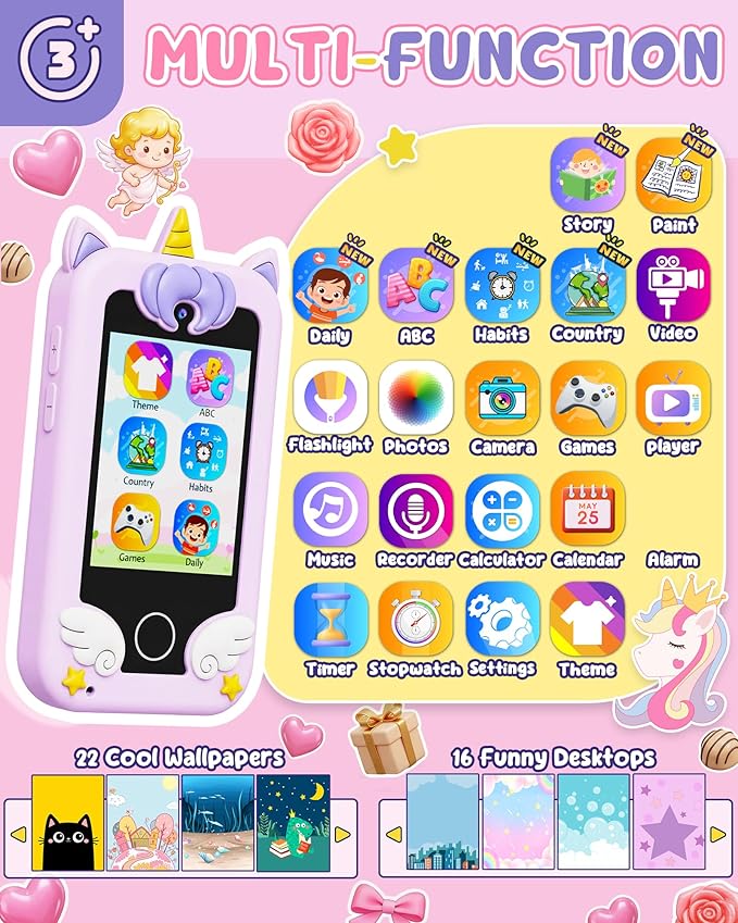 UCIDCI Kids Smart Phone for Girls Ages 3-7 with Dual Camera - Learning Games, Travel Toy with MP3 Music Player for Christmas, Birthday Gifts for 3-7 Year Old Boys