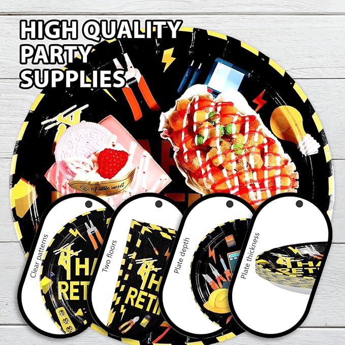 96Pcs Electrician Retirement Party Decorations Power Electrician Retired Lineman Plates and Napkins Tableware Set Wire Gloves Bulb Switch Theme Decor for Boys Man Farewell Party Supplies Serves 24
