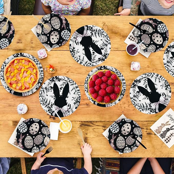 96Pcs Easter Bunny Decorations Easter Bunny Eggs Plates and Napkins Black and White Rabbit Eggs Disposable Tableware for Spring Outdoor Home Party Decorations