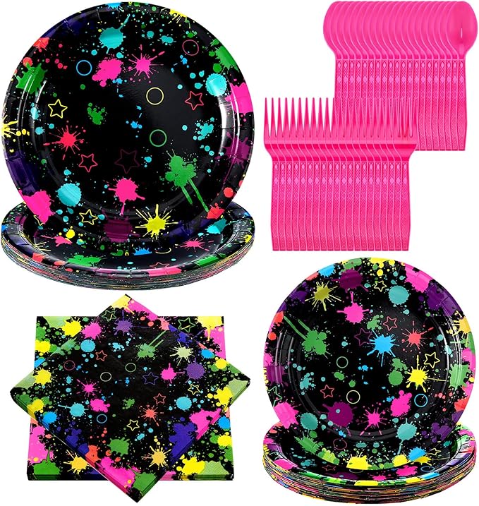 100 Pcs Neon Party Supplies, Serves 20 Guests, Neon Plates and Napkins Tableware Set Glow in The Dark Birthday Disposable Paper Dinnerware Graffiti Party Decoration for Birthday Baby Shower