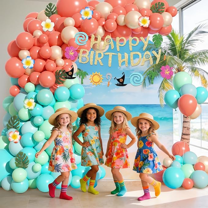 Ouddy Life 165Pcs Tropical Birthday Party Decorations, Summer Tropical Balloon Garland Arch Kit Coral Pearl Rose Gold Teal Pastel Blue Artificial Palm Leaves Banner for Hawaii Luau Party Supplies