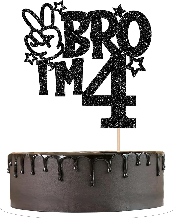 1 PCS Brother I'm 4 Cake Topper Glitter Star Happy 4th Birthday Cake Pick Bro I'm 4 Cake Decoration It's My 4th Birthday Decorations for Boys Cheers to 4 Years Old Birthday Party Supplies Black