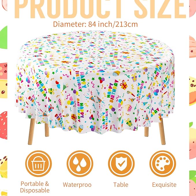Oudain 3 Pcs Happy Birthday Tablecloth Decorations 84 Inch Plastic Disposable Round Table Covers Waterproof Colorful Balloons Confetti Tablecloth for Women Birthday Party Supplies Baby Shower(White)