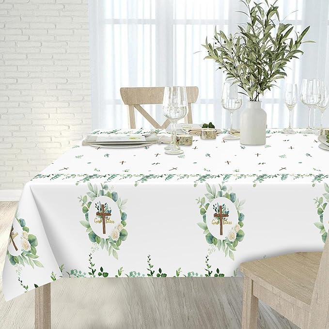 3Pcs God Bless Baptism Tablecloth, 54 x 108 Inch Eucalyptus Leaf Cross Religious Table Cover, Sage Green Plastic Tablecloth for Baby Showers, First Communion Decorations
