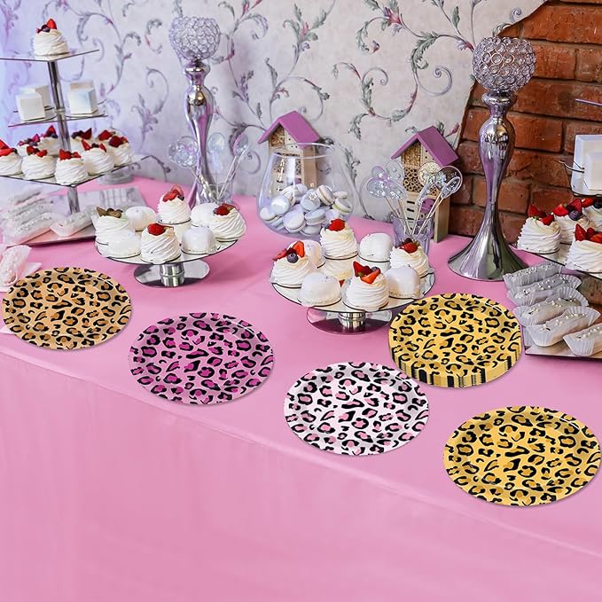 48Pcs Cheetah Print Party Paper Plates for Pink Animal Leopard Print Themed Party Supplies 7" Cheetah Print Disposable Plates for Girls Jungle Birthday Safari Animal Baby Shower Decorations