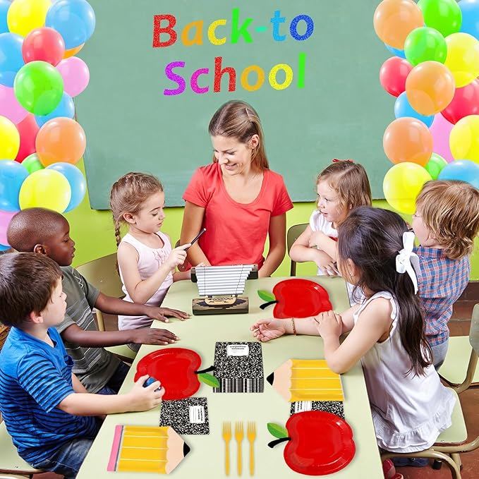 96 Pcs Back to School Tableware Set First Day of School Party Supplies Red Apple Pencil Paper Plates Composition Notebook Napkins Classroom Decoration for Kindergarten Preschool Teacher Party Serve 24