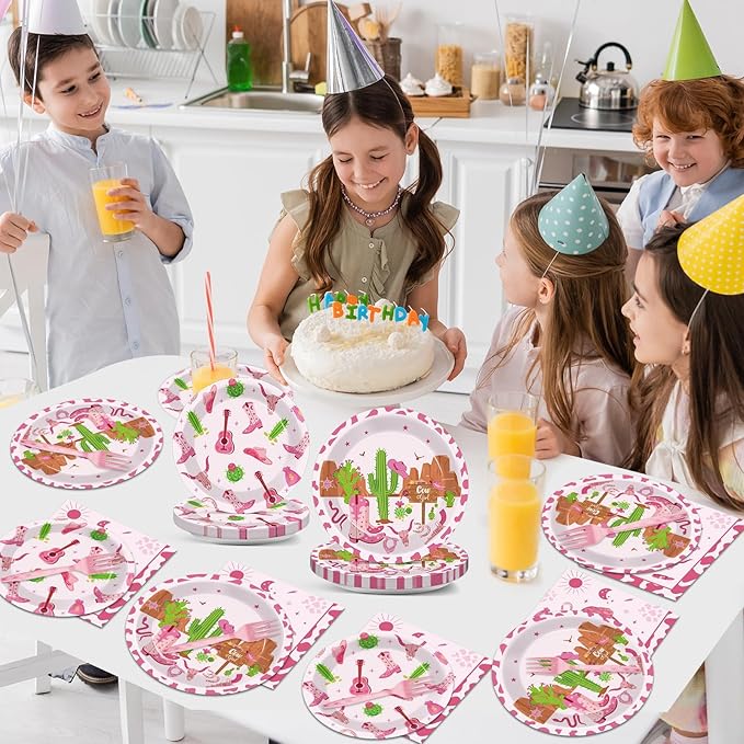 96Pcs Western Cowgirl Party Supplies Paper Plates Napkins Pink Cowgirl Bachelorette Cactus Party Tableware Set Wild West Rodeo Birthday Decorations Favors for Kids Baby Shower Farm Decor Serves 24