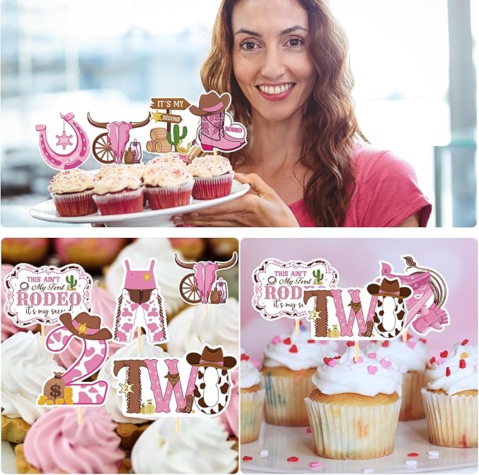 This Ain't My First Rodeo It's My Second Cupcake Toppers, Cowgirl 2nd Birthday Party Cake Decorations, Western Rodeo Theme 2 Years Old Birthday Cupcake Picks Decor for Girls
