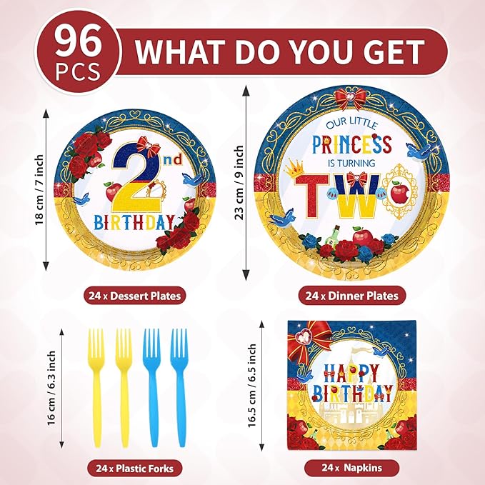 96 Pcs Snow Princess 2nd Birthday Party Supplies Cartoon Snow Plates and Napkins Red Blue Yellow Tableware Set for Girls 2nd Birthday Baby Shower Princess Theme Party Supplies, Serves 24