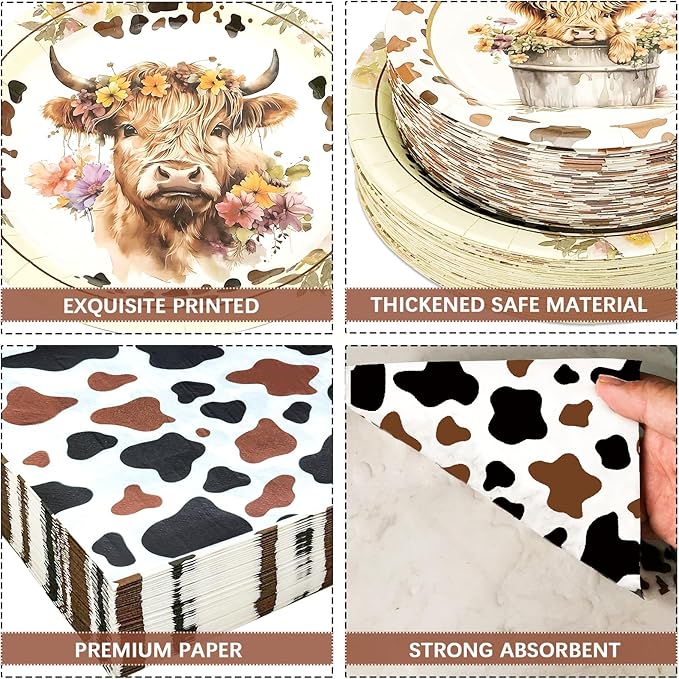 180PCS Highland Cow Party Supplies Serve 60, Brown Cow Paper Plates and Napkins Kit for Highland Cattle Farm Animals Birthday Party Decorations, Includes Dinner Plates, Dessert Plates, Napkins