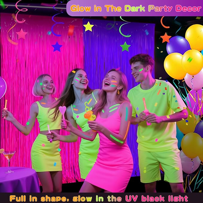 Glow in The Dark Party Supplies 2 Pack Neon Party Decorations Fluorescent Tinsel Foil Fringe Curtains Photo Booth Prop Backdrop Streamer Blacklight Decorations (Neon Hot Pink+Neon Purple)