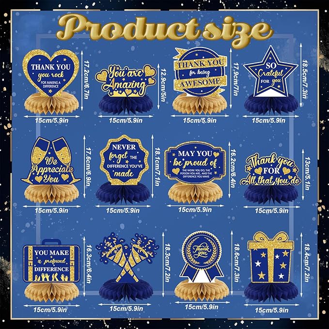 12 Pcs Thank You Decorations Honeycomb Centerpiece Employee Appreciation Decor We Appreciate You Table Decorations Thank Table Topper for Doctor Employee Party Supplies(Gold and Blue)