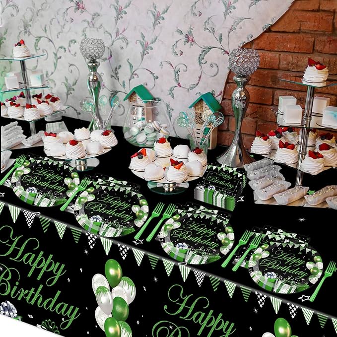 61 Pcs Green Silver Black Birthday Decorations Green Themed Party Tableware Set Confetti Sprinkles Decor Includes Plates Napkins Tablecloth for Men Women Dinner Gathering Supplies Serves 20 Guests
