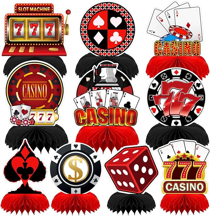 10 Pieces Casino Theme Party Decorations, Casino Night Decorations Poker Party Decorations for Table Casino Birthday Decorations Casino Table Honeycomb Centerpieces