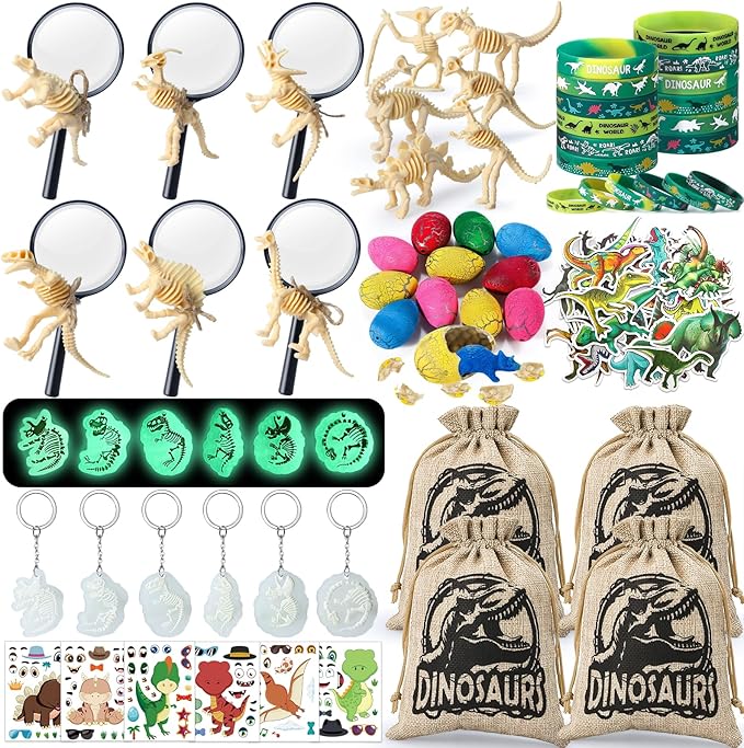 12 Sets Dinosaur Party Favors for Kids Birthday, Magnifying Glasses Luminous Keyring Dino Egg Sticker Dino Party Supplies with Skeleton Toy Silicone Bracelet Gift Bag Dino Theme Stuffer Fillers