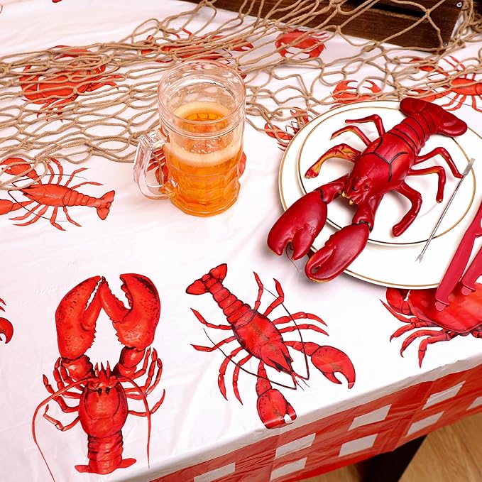 4 Pcs Crawfish Tablecloth Disposable Birthday Party Lobster Table Covers 108 x 54 Inches White and Red Plastic Lobster Table Cloth for Crawfish Boil Party Supplies