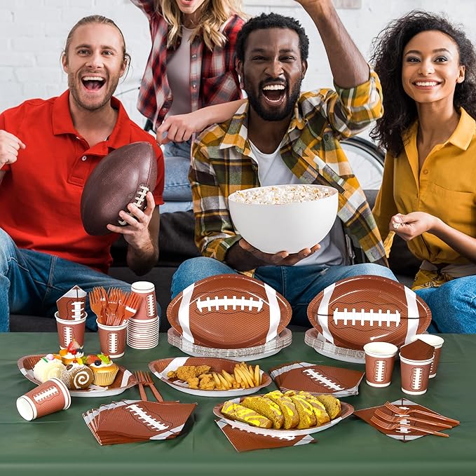 durony 144 Pieces Oval Football Theme Disposable Paper Plates Tableware Set Football Birthday Party Decorations with Plates Napkins Forks Cups Serve 24 for Sports Game Party Supplies, 11.6 x 7.9 Inch