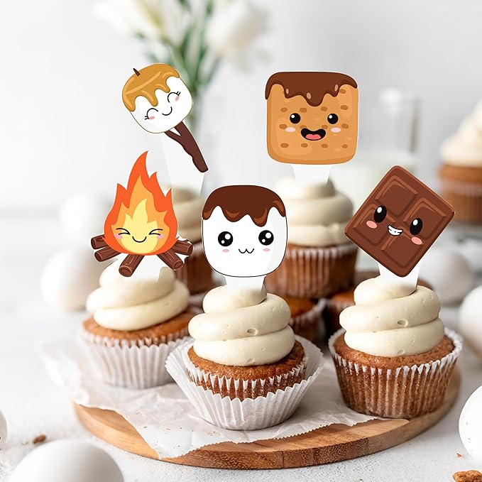 S'more Party Cupcake Toppers 48pcs S'more Birthday Party Decoration Bonfire Camping Cake Cupcake Pick Decorations for S'more Themed Camping Campfire Camper Birthday Party Supplies