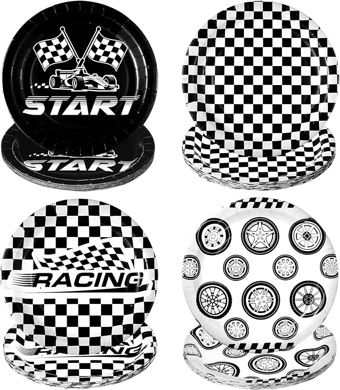 60 Pcs Race Car Birthday Party Decorations 9 Inch Checkered Flag Disposable Paper Plates Racing Themed Dessert Dinnerware for Kids Boys Birthday Baby Shower Home Party Supplies, 4 Style
