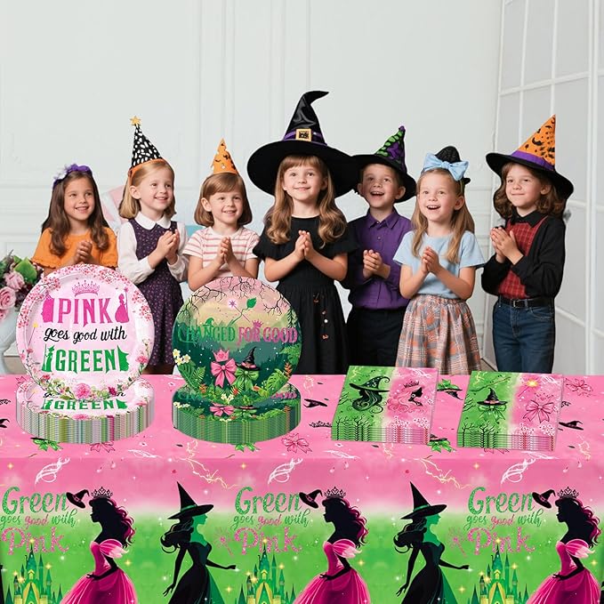 41pcs Witch Party Decorations Include 10pcs Pink Plates, 10pcs Green Plates, 20pcs Napkins, Tablecloth for Pink and Green Birthday Decorations